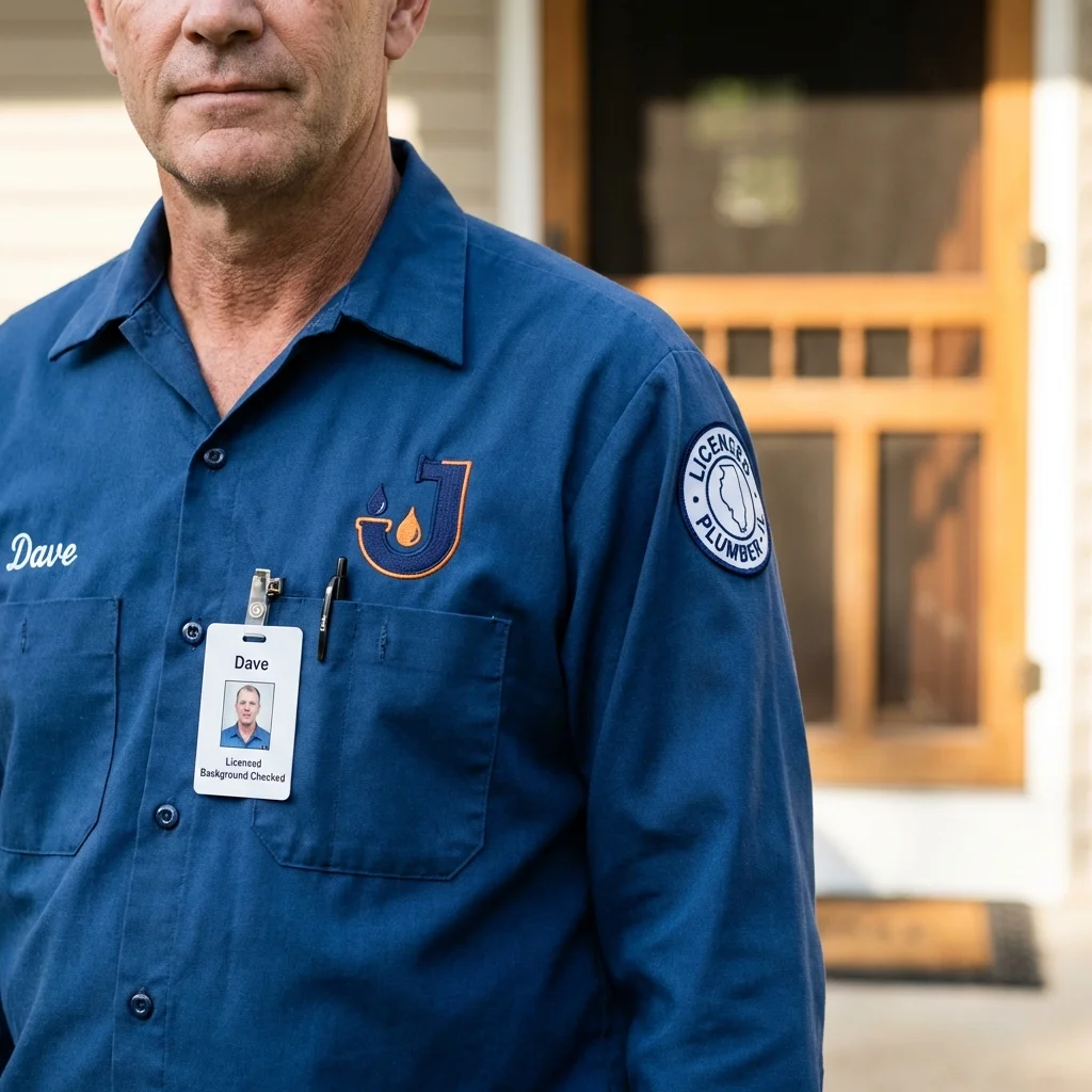 Licensed plumber showing ID badge in Wayland, NY