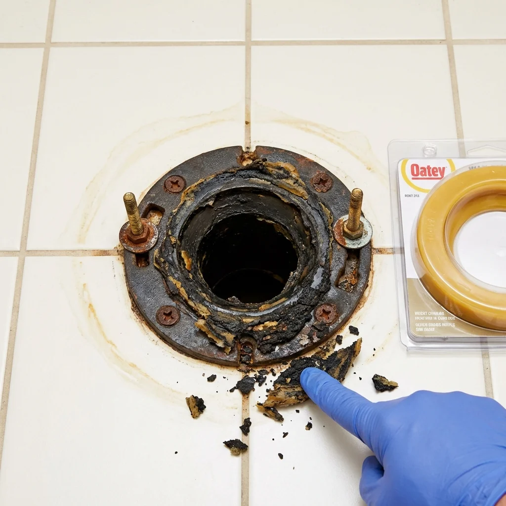Failed wax ring showing water seepage at the base of a toilet in a Wayland, NY home