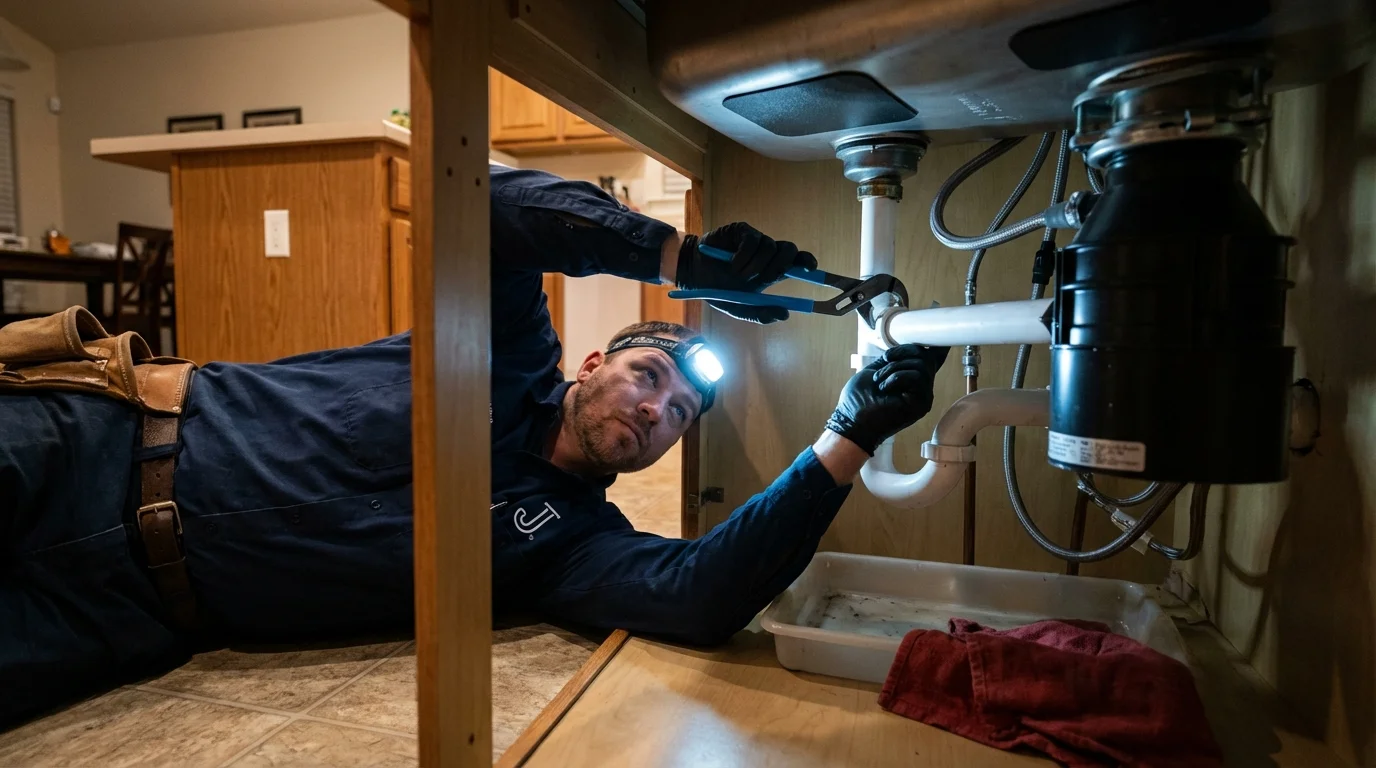 P-trap and supply line connections under a kitchen sink showing a common leak point in Wayland, NY